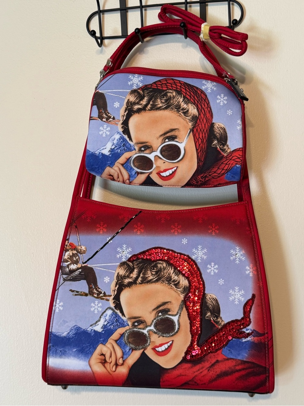 Whimsical Sequin Red Shoulder Winter Graphic Bag Retro Pop Art Pinup Culture